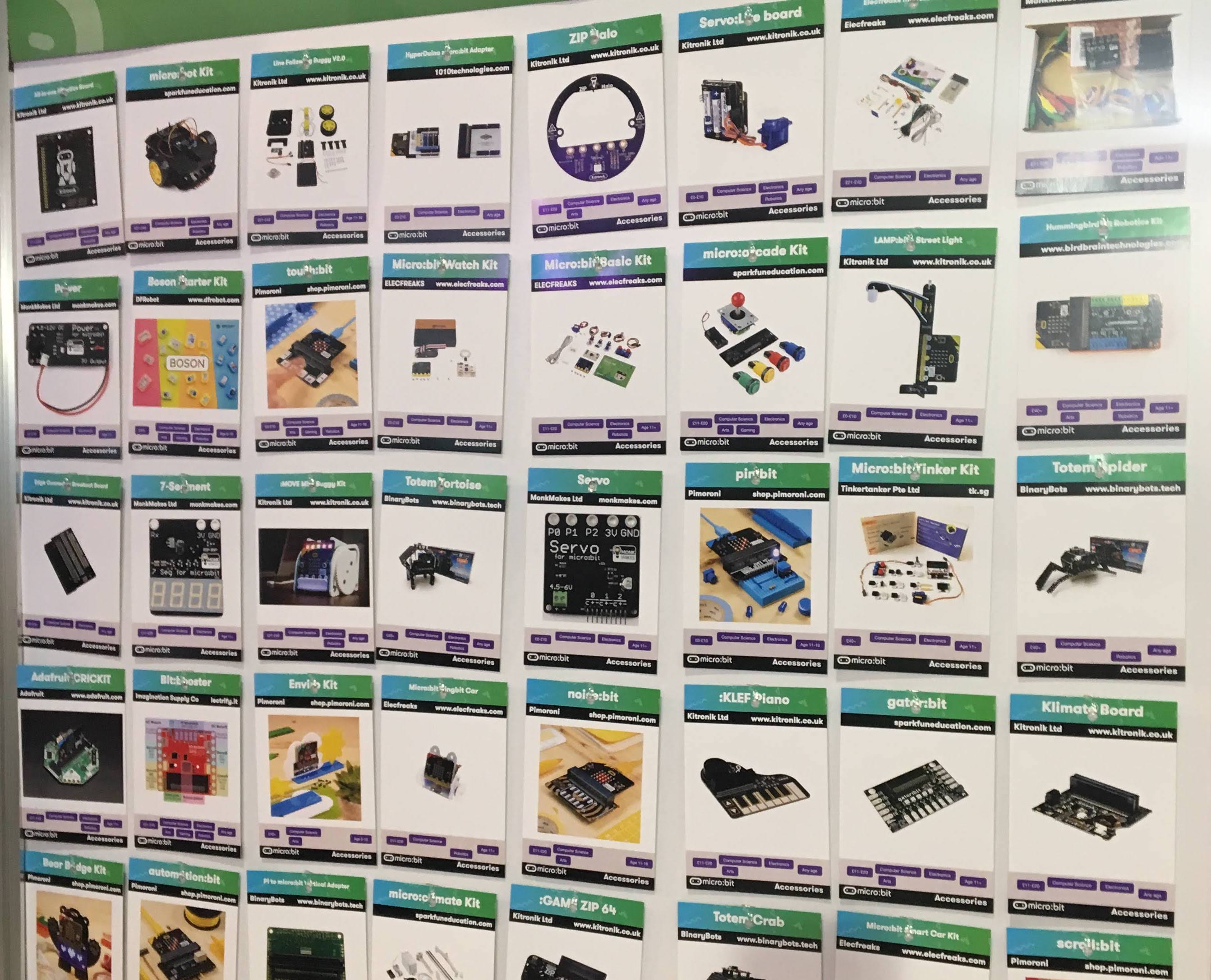A wall of micro:bit accessories